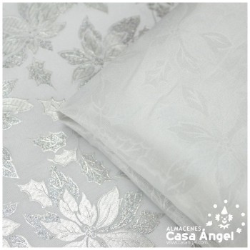 TELA DE FANTASÍA FLORES GLITTER PLATA SOBRE PUNTO BLANCO 140cm