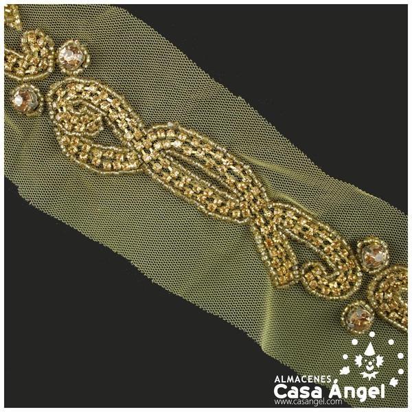 PASAMANERÍA COLOR ORO BORDADA A MANO CON CRISTAL Y ROCALLA