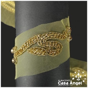 PASAMANERÍA COLOR ORO BORDADA A MANO CON CRISTAL Y ROCALLA