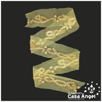 PASAMANERÍA COLOR ORO BORDADA A MANO CON CRISTAL Y ROCALLA
