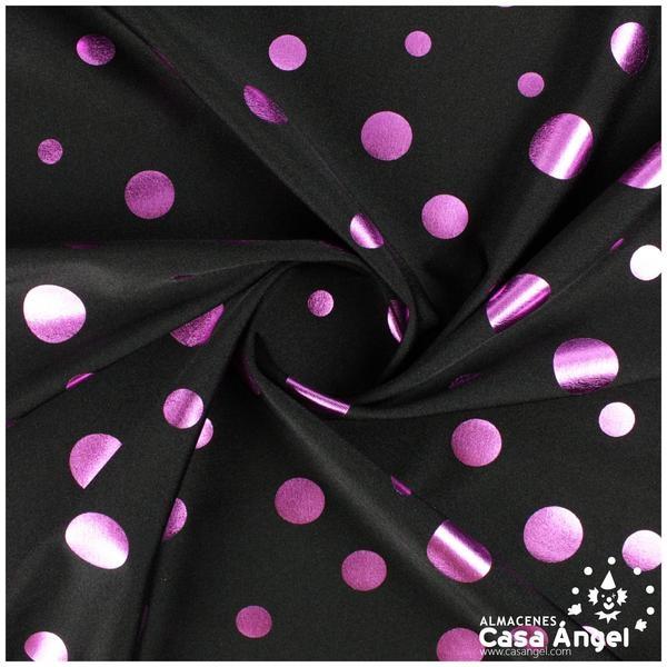 LYCRA GRUESA NEGRA CON LUNARES MORADOS SERIE TULIPÁN 150cm