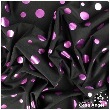 LYCRA GRUESA NEGRA CON LUNARES MORADOS SERIE TULIPÁN 150cm
