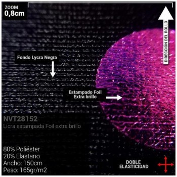 LYCRA GRUESA NEGRA CON LUNARES MORADOS SERIE TULIPÁN 150cm