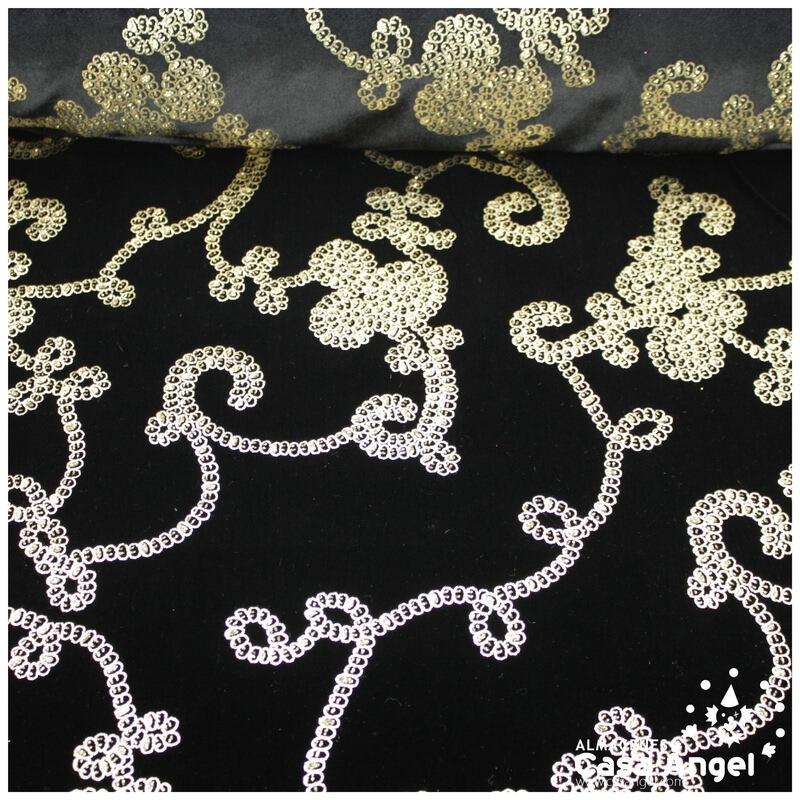 TERCIOPELO NEGRO ELÁSTICO CON ESTAMPADO GLITTER DORADO 150cm