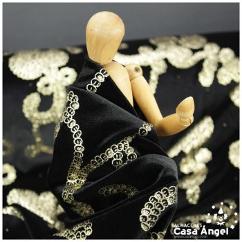 TERCIOPELO NEGRO ELÁSTICO CON ESTAMPADO GLITTER DORADO 150cm