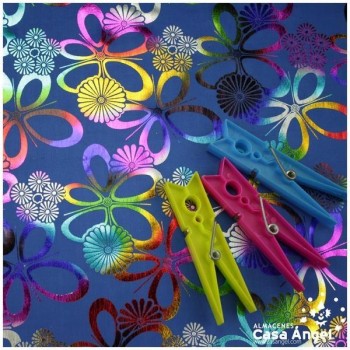 TELA DE PUNTO AZUL SATINADO CON ESTAMPADO MULTICOLOR 150cm