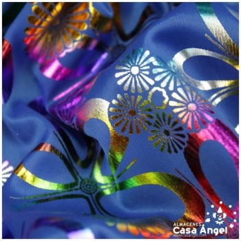 TELA DE PUNTO AZUL SATINADO CON ESTAMPADO MULTICOLOR 150cm
