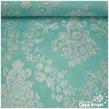 BROCADO TURQUESA CON FLORES PLATEADAS SERIE OLIVENZA 280cm