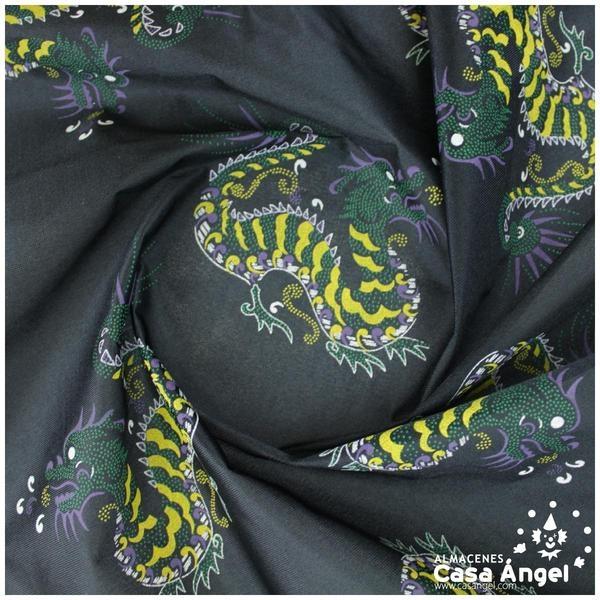 RASETE NEGRO ESTAMPADO DRAGONES SERIE PEKÍN 150cm