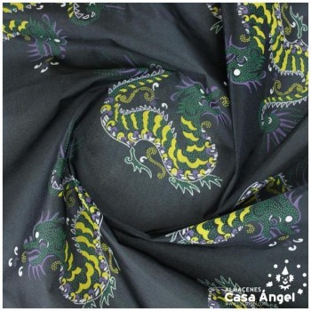 RASETE NEGRO ESTAMPADO DRAGONES SERIE PEKÍN 150cm