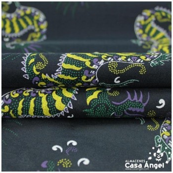 RASETE NEGRO ESTAMPADO DRAGONES SERIE PEKÍN 150cm
