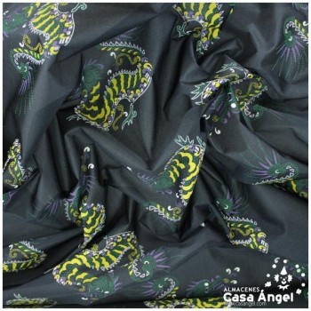 RASETE NEGRO ESTAMPADO DRAGONES SERIE PEKÍN 150cm