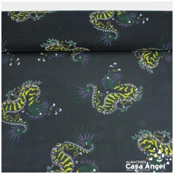 RASETE NEGRO ESTAMPADO DRAGONES SERIE PEKÍN 150cm