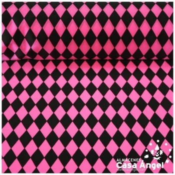 RASETE ESTAMPADO ROMBOS PEQUEÑOS NEGRO Y FUCSIA 150cm