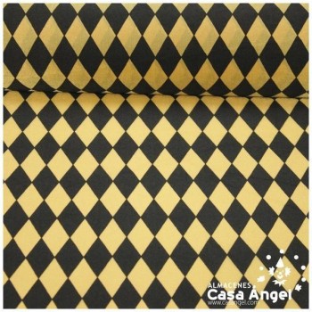 RASETE ESTAMPADO ROMBOS PEQUEÑOS NEGRO Y ORO 150cm