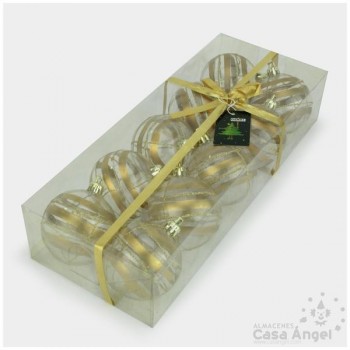 BOLA DE NAVIDAD TRANSPARENTE RAYAS ORO 6cm SET 10 UNIDADES
