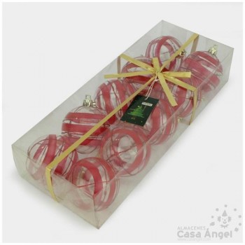 BOLA DE NAVIDAD TRANSPARENTE RAYAS ROJAS 6cm SET 10 UNIDADES