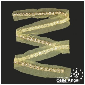 PASAMANERÍA COLOR ORO BORDADA A MANO CON CRISTAL Y ROCALLA