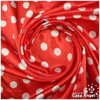 TELA DE RASO ESTAMPADO DE LUNARES BLANCOS SOBRE ROJO SERIE CANTIÑA 150cm