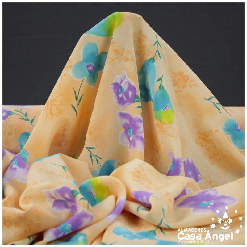 GASA CREPÉ GEORGETTE FLORAL ACUARELA FONDO MELOCOTÓN 150cm