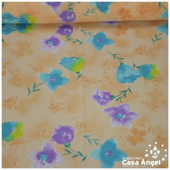 GASA CREPÉ GEORGETTE FLORAL ACUARELA FONDO MELOCOTÓN 150cm