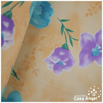 GASA CREPÉ GEORGETTE FLORAL ACUARELA FONDO MELOCOTÓN 150cm