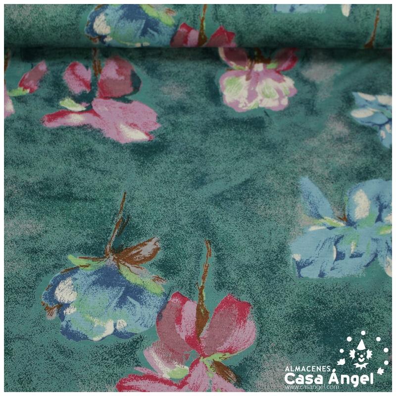 PUNTO ELÁSTICO ESTAMPADO VERDE FLORES 150cm