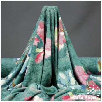 PUNTO ELÁSTICO ESTAMPADO VERDE FLORES 150cm