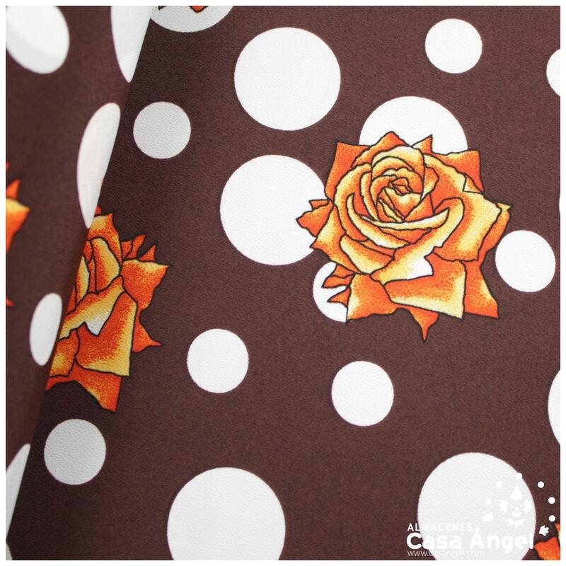 CRESPÓN KOSHIBO MARRÓN LUNARES Y ROSAS NARANJA 150cm