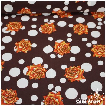 CRESPÓN KOSHIBO MARRÓN LUNARES Y ROSAS NARANJA 150cm