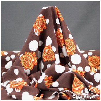 CRESPÓN KOSHIBO MARRÓN LUNARES Y ROSAS NARANJA 150cm