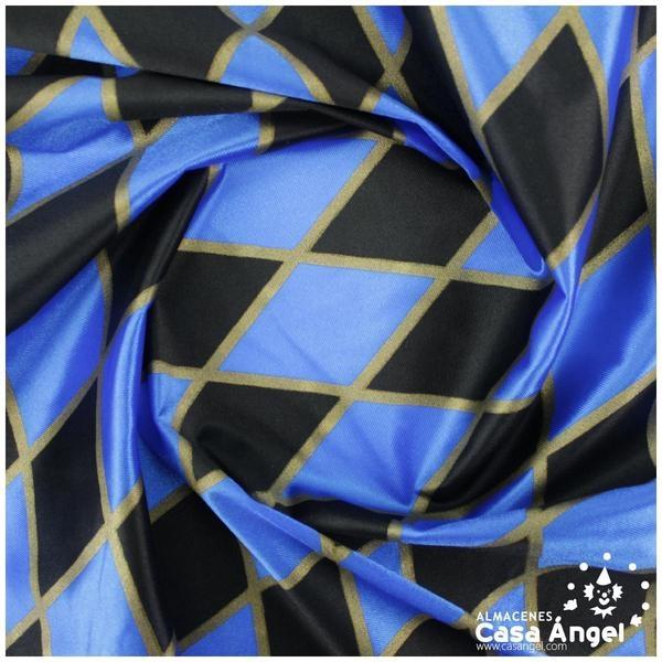 RASETE ESTAMPADO ROMBOS AZUL Y NEGRO CON BORDE DORADO 150cm