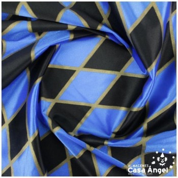 RASETE ESTAMPADO ROMBOS AZUL Y NEGRO CON BORDE DORADO 150cm