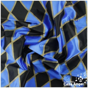 RASETE ESTAMPADO ROMBOS AZUL Y NEGRO CON BORDE DORADO 150cm