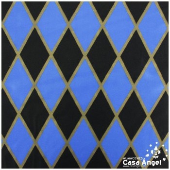 RASETE ESTAMPADO ROMBOS AZUL Y NEGRO CON BORDE DORADO 150cm