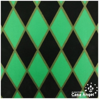 RASETE ESTAMPADO ROMBOS VERDE Y NEGRO CON BORDE DORADO 150cm