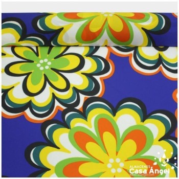 TEJIDO RASETE ESTAMPADO FLORES FONDO AZUL 180cm