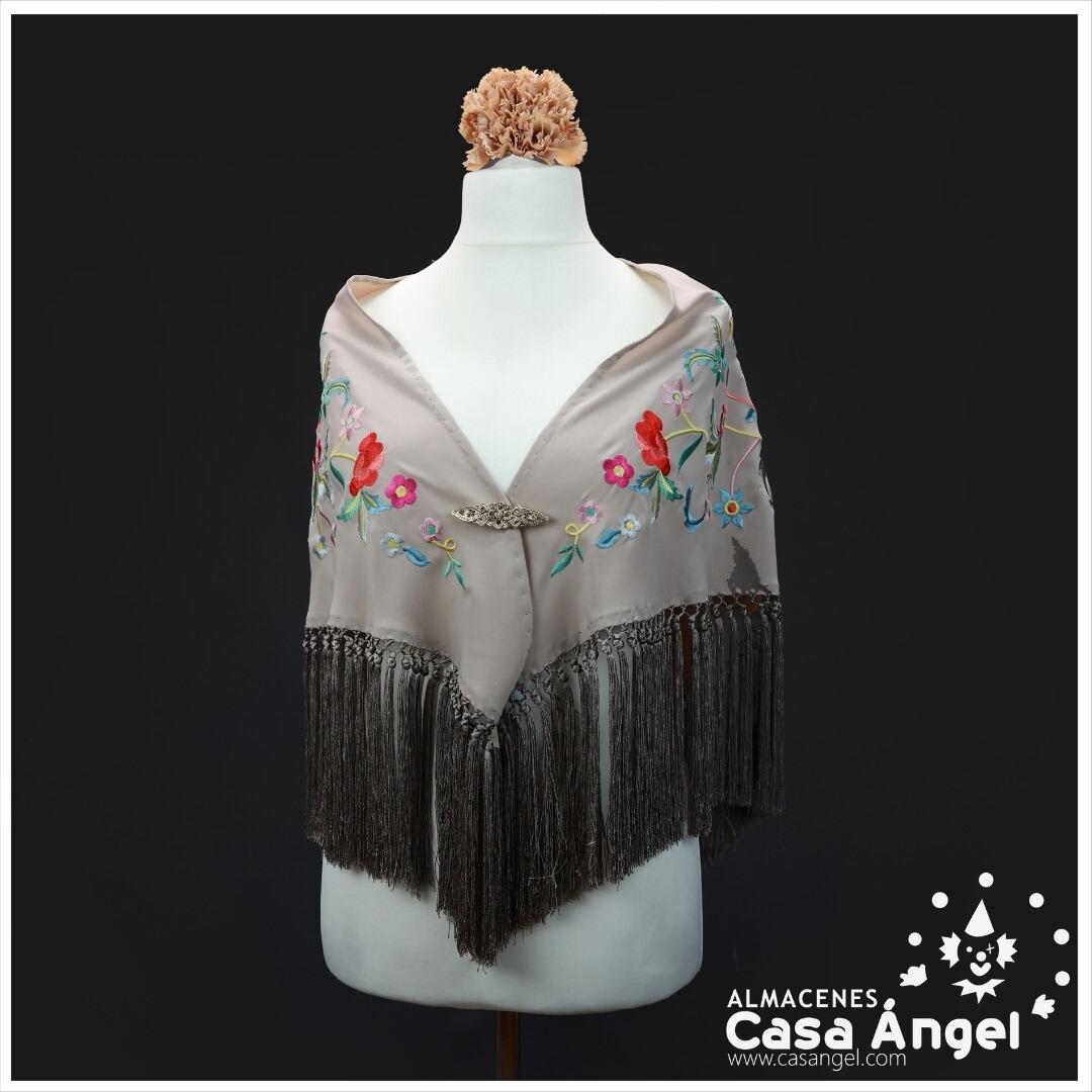 MANTÓN FLAMENCO COLOR  GRIS VISÓN BORDADO FLORES 150cm