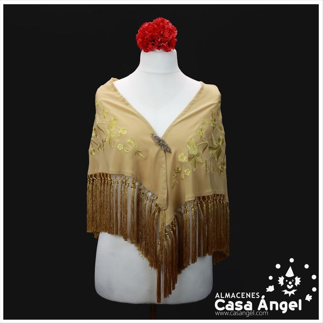 MANTÓN DE FLAMENCA ORO BORDADO FLORAL AL TONO 150cm