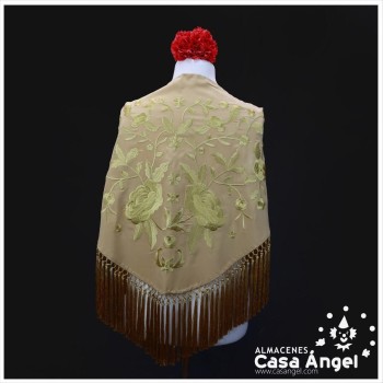 MANTÓN DE FLAMENCA ORO BORDADO FLORAL AL TONO 150cm