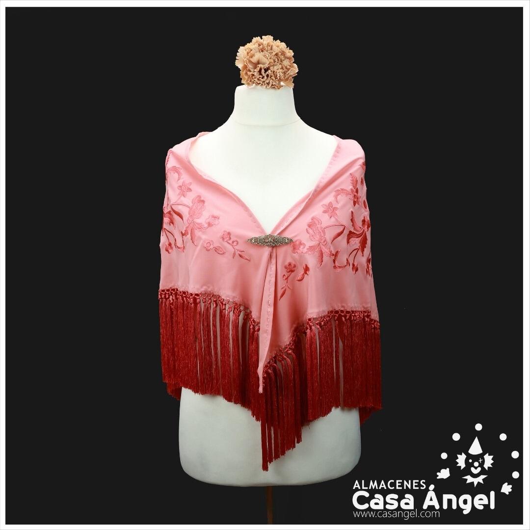 MANTÓN DE FLAMENCA COLOR SALMÓN BORDADO FLORAL AL TONO 150cm