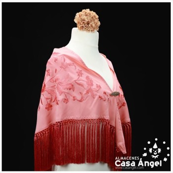 MANTÓN DE FLAMENCA COLOR SALMÓN BORDADO FLORAL AL TONO 150cm