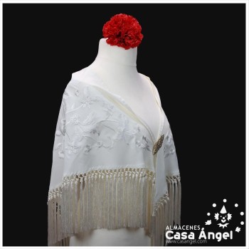 MANTÓN DE FLAMENCA CRUDO BORDADO FLORAL AL TONO 150cm