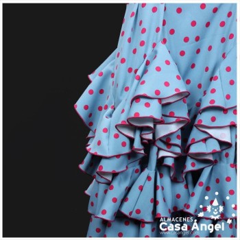 TRAJE DE FLAMENCA FUCSIA CON LUNARES AZUL CLARO