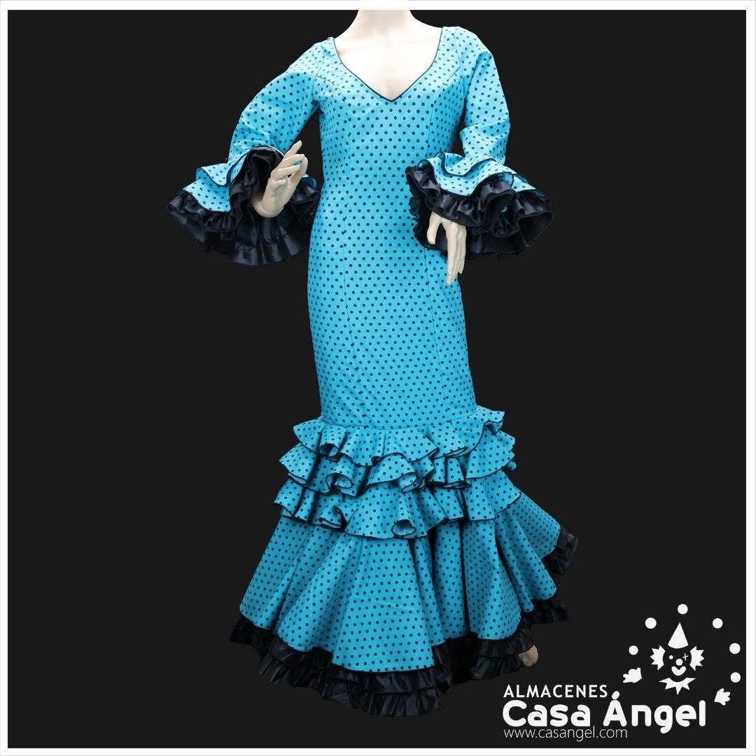 TRAJE DE FLAMENCA COLOR TURQUESA CON LUNARES NEGROS