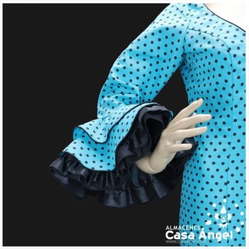 TRAJE DE FLAMENCA COLOR TURQUESA CON LUNARES NEGROS