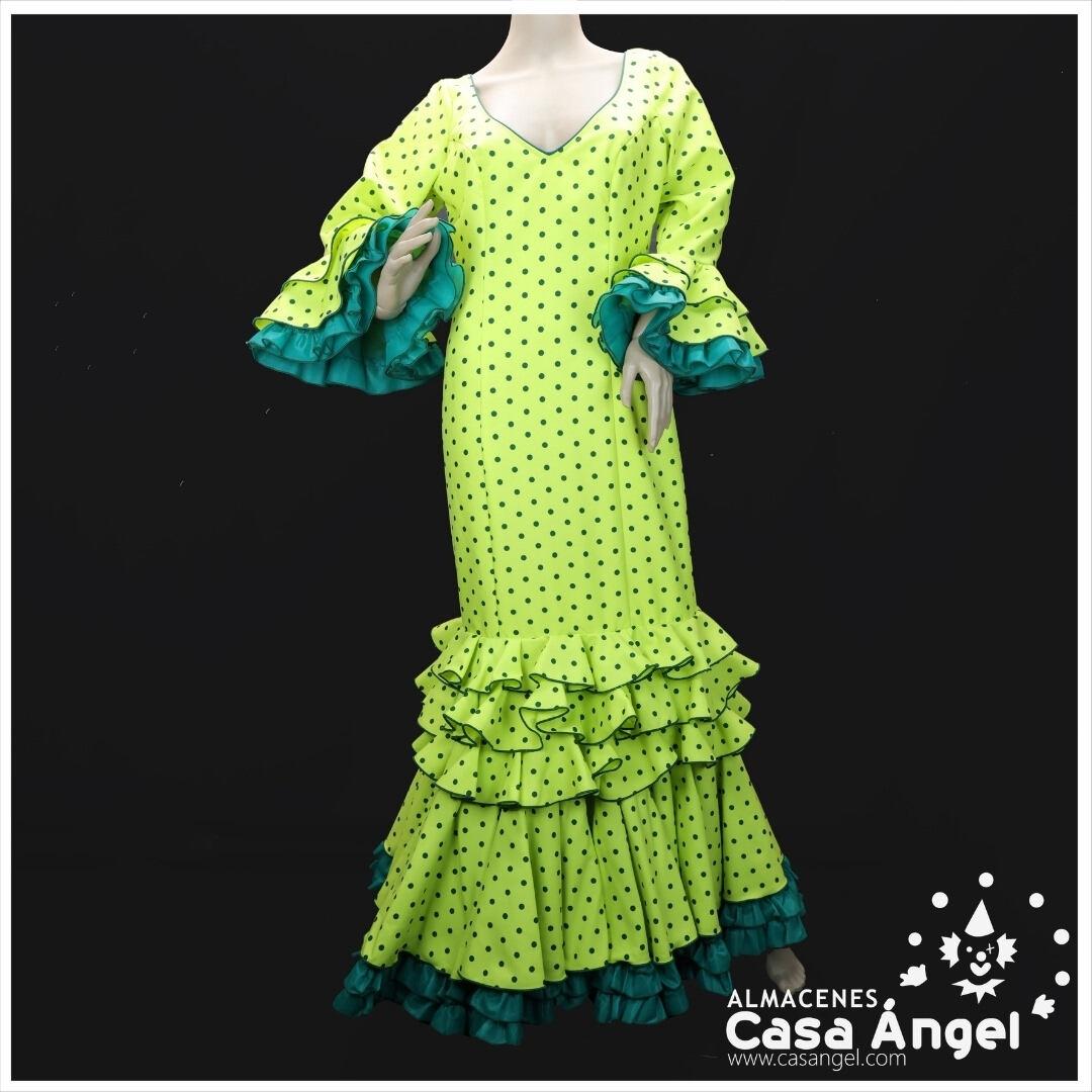 TRAJE DE FLAMENCA COLOR PISTACHO CON LUNARES VERDE OSCURO