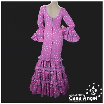 TRAJE DE FLAMENCA FUCSIA CON LUNARES AZUL CLARO