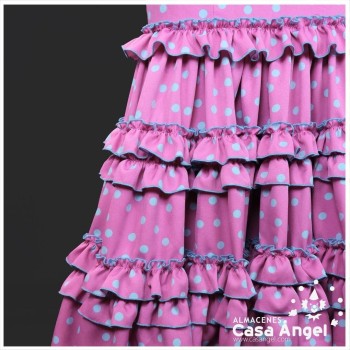 TRAJE DE FLAMENCA FUCSIA CON LUNARES AZUL CLARO