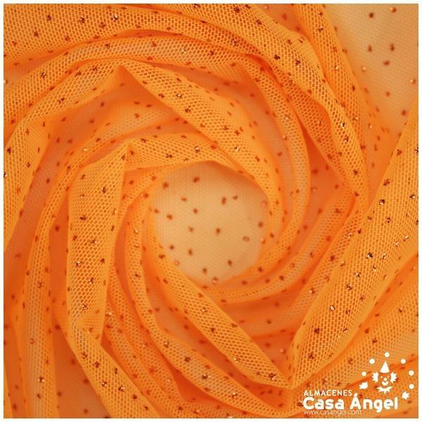TUL ELÁSTICO NARANJA CON TOPO DE PURPURINA 150cm